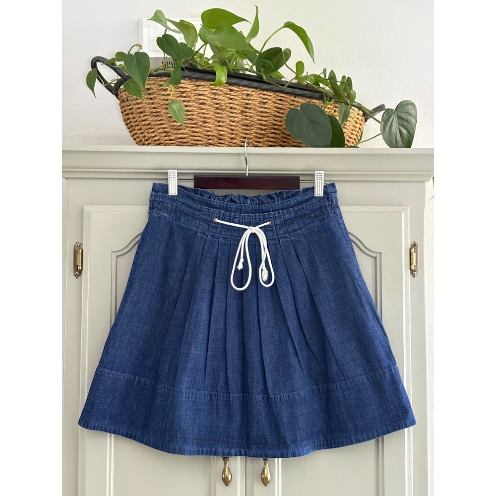 Merona Womens XS Blue Denim Mini Skirt Pleated Paperbag Waist Cotton A-Line